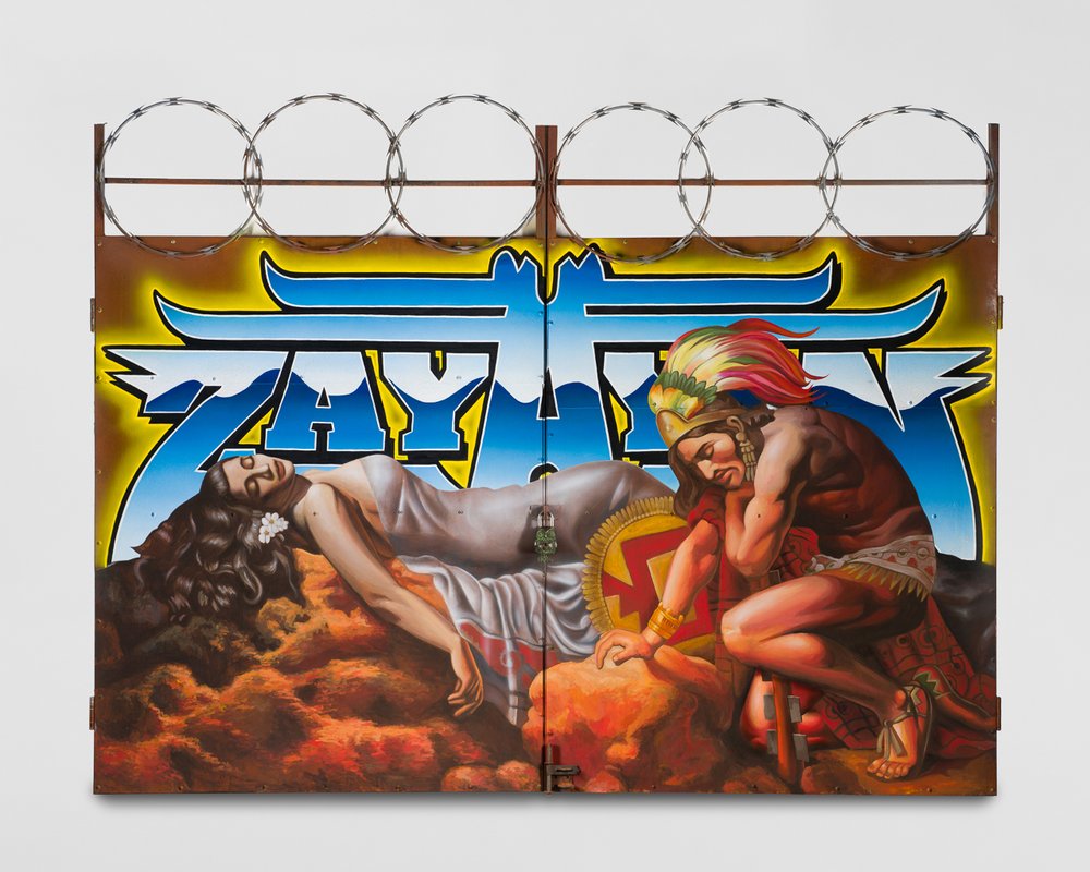   Zayayin  Acrylic, emulsion vinyl, airbrush, owl lock and barbed wire on oxidized metal gate 75 x 98 inches 2024 