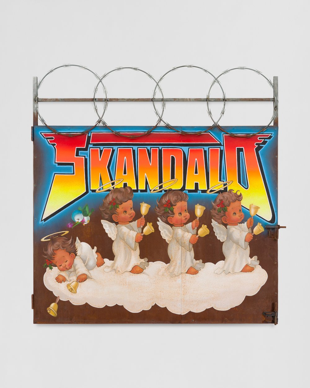   Skandalo&nbsp;  Acrylic, emulsion vinyl, airbrush, lock and barbed wire on oxidized metal gate&nbsp; 63 x 60 inches 2024 