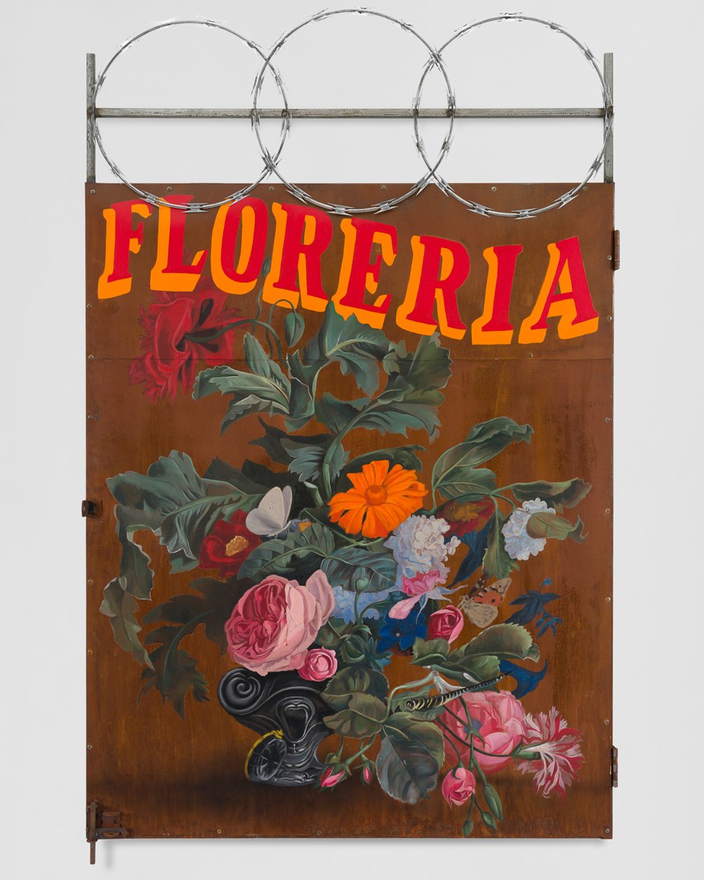   Florería&nbsp;  Acrylic, emulsion vinyl, airbrush, lock and barbed wire on oxidized metal gate&nbsp; 76 x 48 inches 2024 
