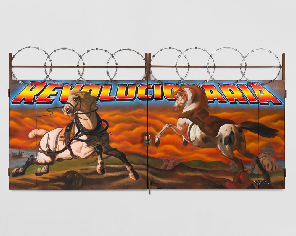   Revolucionaria&nbsp;  Acrylic, emulsion vinyl, airbrush, lock and barbed wire on oxidized metal gate &nbsp; 63 x 120 x 1 inches 2024 