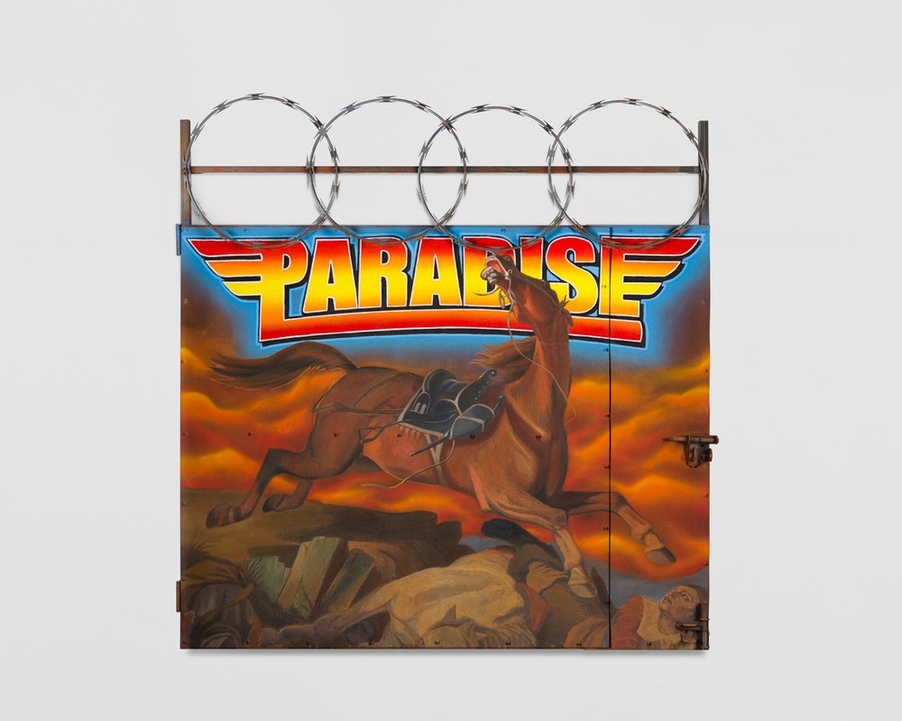   Paradise&nbsp;  Acrylic, emulsion vinyl, airbrush, lock and barbed wire on oxidized metal gate 63 x 60 inches 2024 