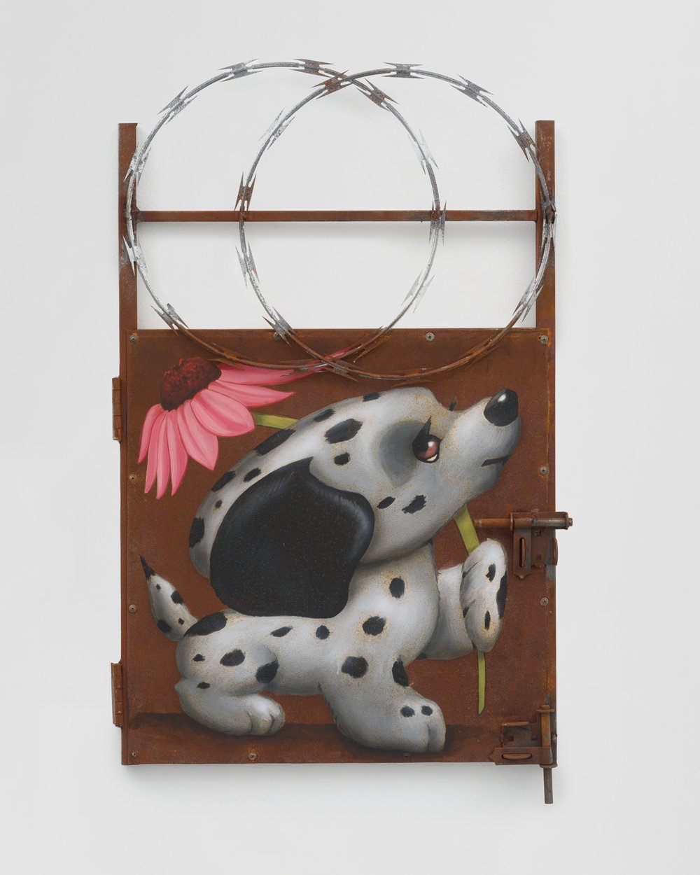   El baile del perrito  Acrylic, airbrush, lock and barbed wire on oxidized metal gate&nbsp; 37 x 24 inches 2024 