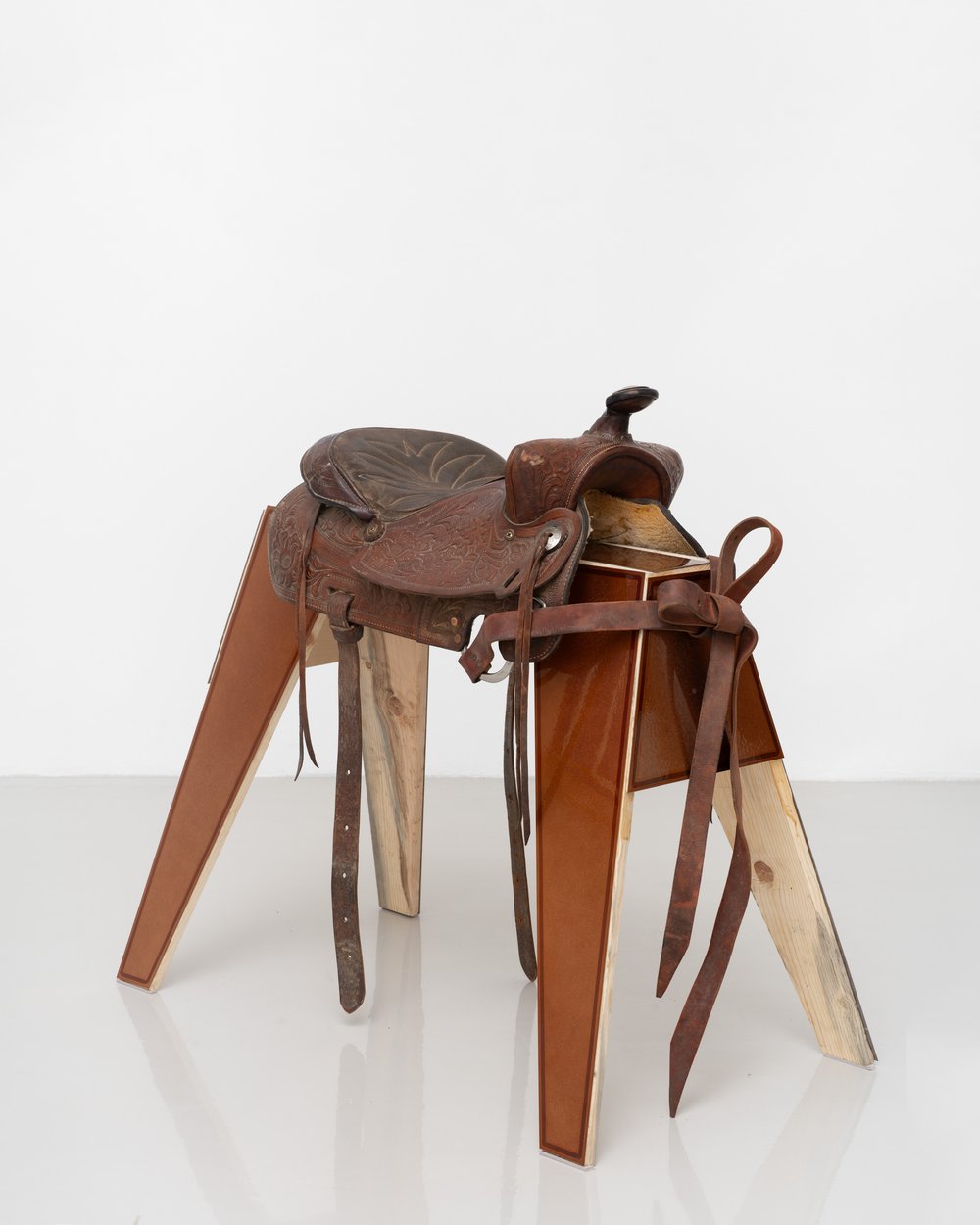   Lorena Ochoa   Burros Hablando de Orejas  Genuine Burro sawhorse, tooled saddle, enamel, metal flake &amp; Kandy on metal panels  36 x 25 x 11.5 inches  2023  