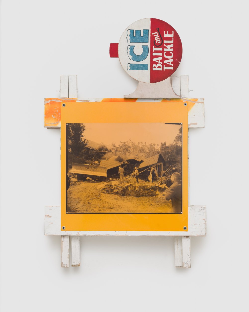   Lorena Ochoa    Bait &amp; Tackle   Traffic barricade, ICE sign, archival inkjet print on transparency, enamel, and Kandy on metal panel 46 x 30 x 6 inches  2024  