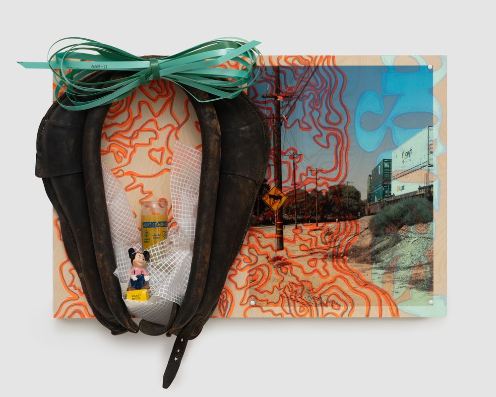   Lorena Ochoa    Aguas   Mickey Mouse, candle espiritual, tarp, poly strap, yoke harness, furniture tacks archival inkjet print on transparency, acrylic  and pastel on panel  24 x 37 x 2 inches  2024  