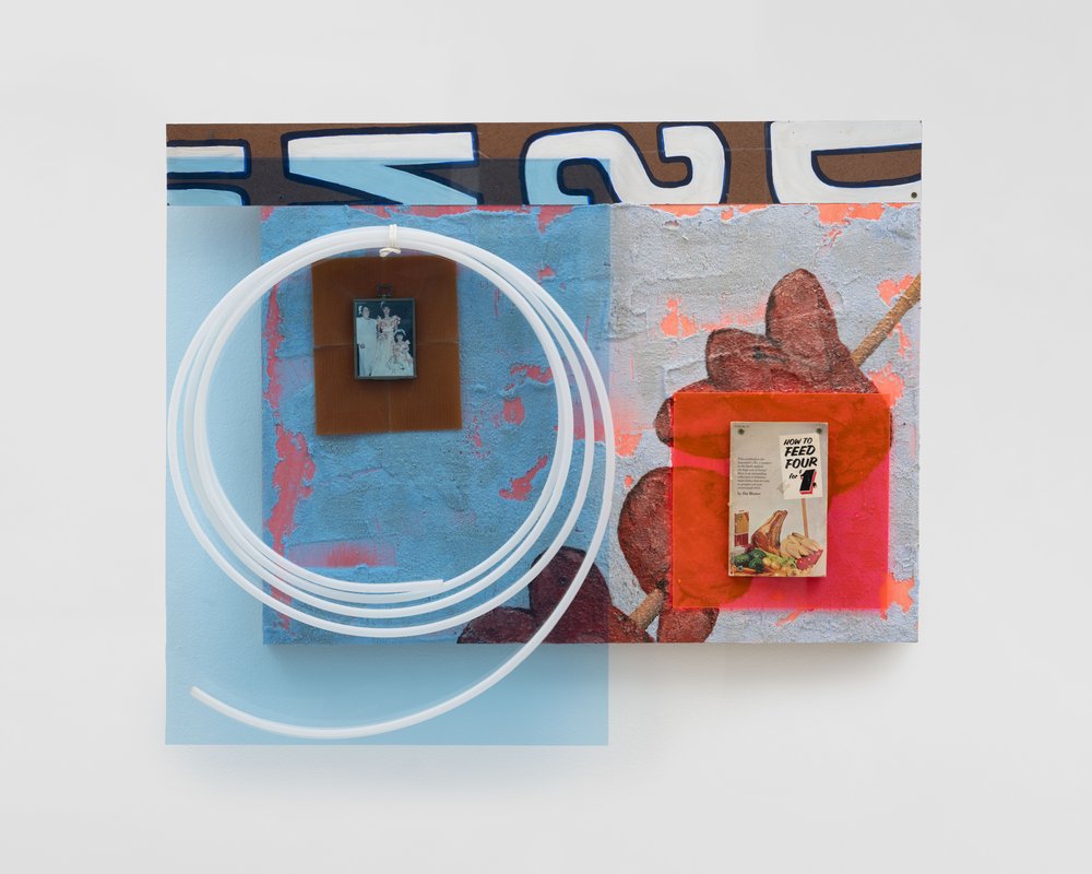   Lorena Ochoa    Salchipulpos   Duritos, plexiglass, reflextive glass beads, tubing, How to Feed Four for $1 book, plastic frame, lava rock, pastel and acrylic on panel  34 x 40.5 x 3 inches  2024  