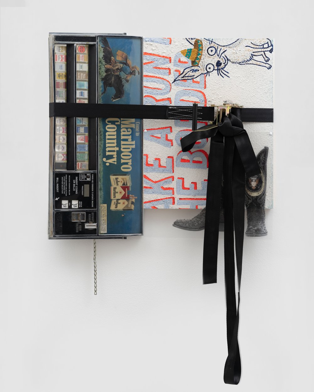   Lorena Ochoa    La Migra(ción)   Cigarette vending panel, ratchet strap, upholstery tacks, archival inkjet print on transparency, orange peel texture, acrylic, and pastel on panel  28 x 31 x 3 inches  2024  