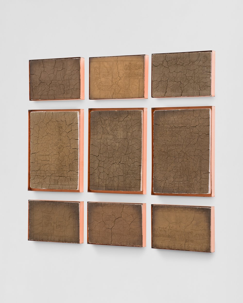  Jackie Amézquita  Black Gold  Soil source from Los Angeles neighborhoods, masa (corn dough), salt, and cal (limestone) frame with copper 53 x 60 inches 2024 