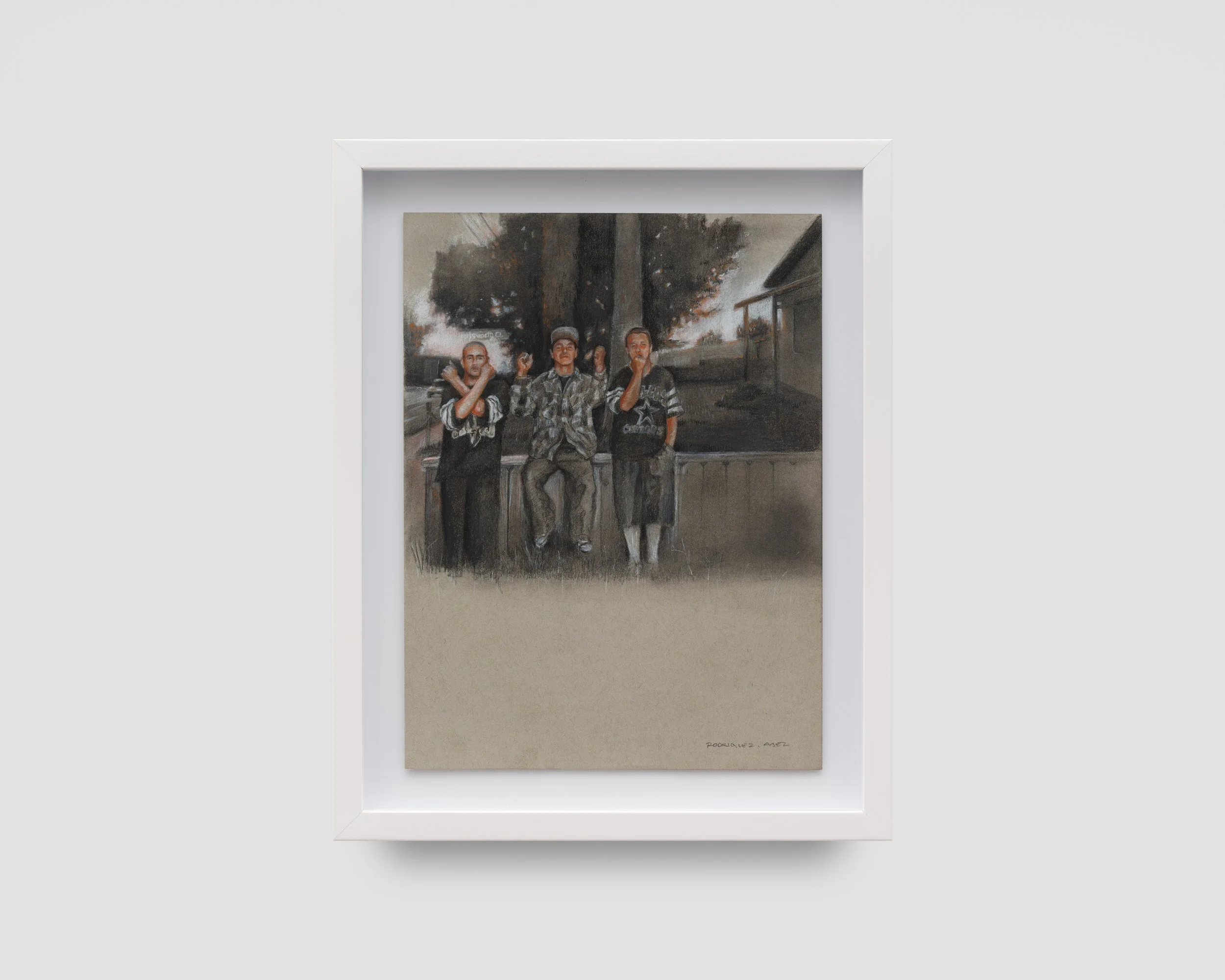  Fotos y recuerdos: Ellsworth
Court, Summer of 1993  
Conte, charcoal, and soft
pastel on paper 
9 x 7.5 inches 
2023