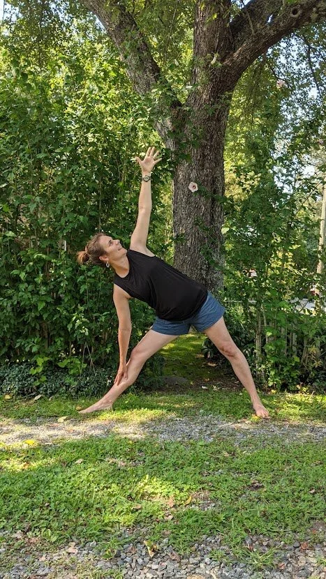 alt= "women in triangle pose outside with trees"