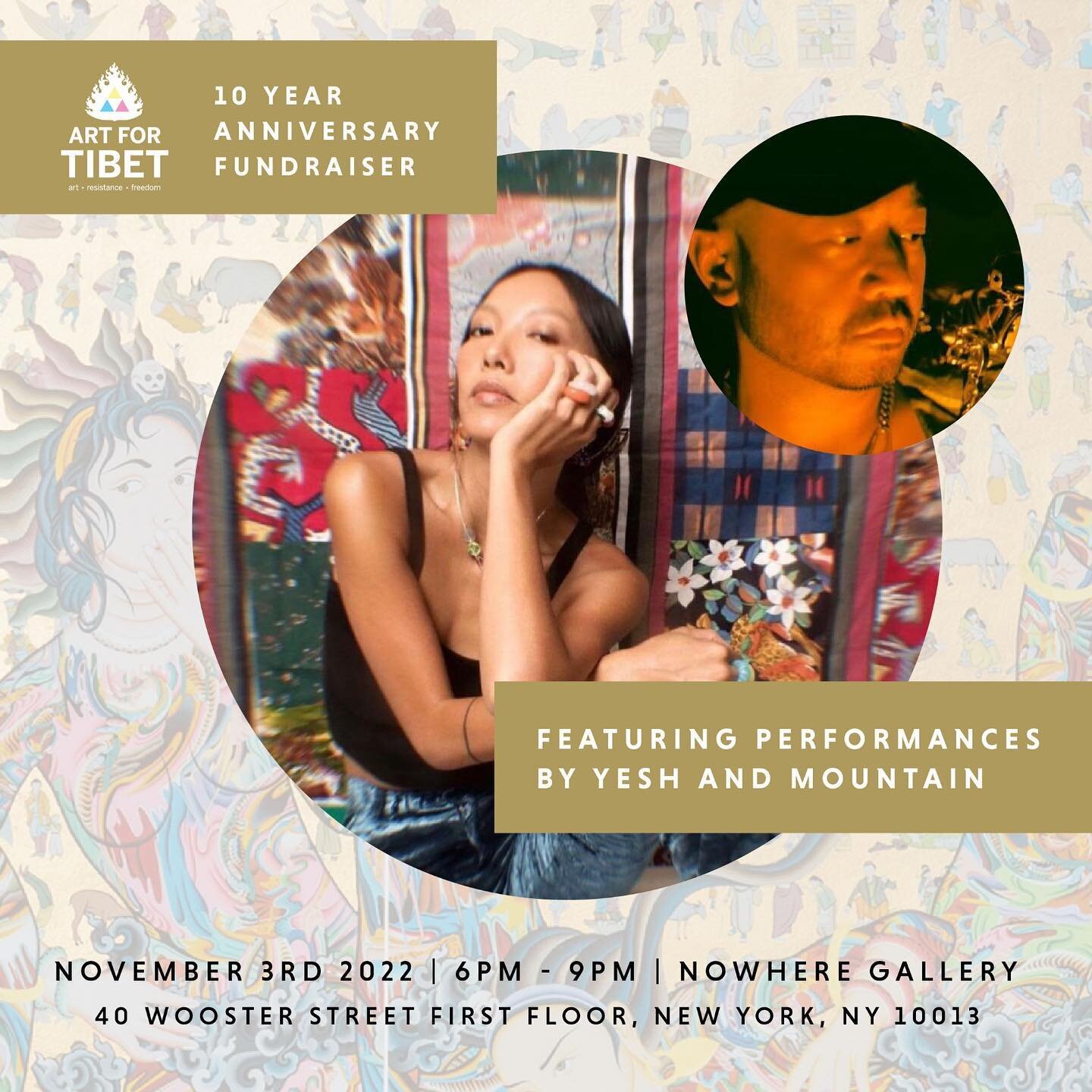 Thursday's Art for Tibet event at NowHere Gallery will include a performance by the dazzling Yesh, the contemporary Tibetan singer &amp; performer, accompanied by the NY-based Mountain. You won't want to miss it! The esteemed DJ Hanzi will also be se