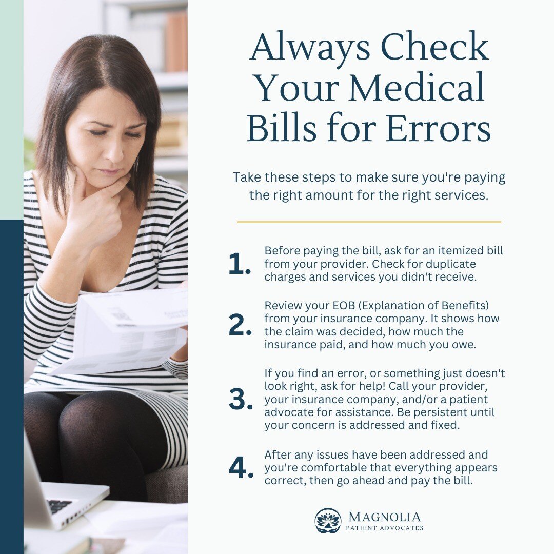 Did you know that medical bills can contain errors that result in you paying more than you should?

To avoid this, wait to pay the bill until you have done the following:

✔ Ask your healthcare provider for an itemized bill with a complete list of ch