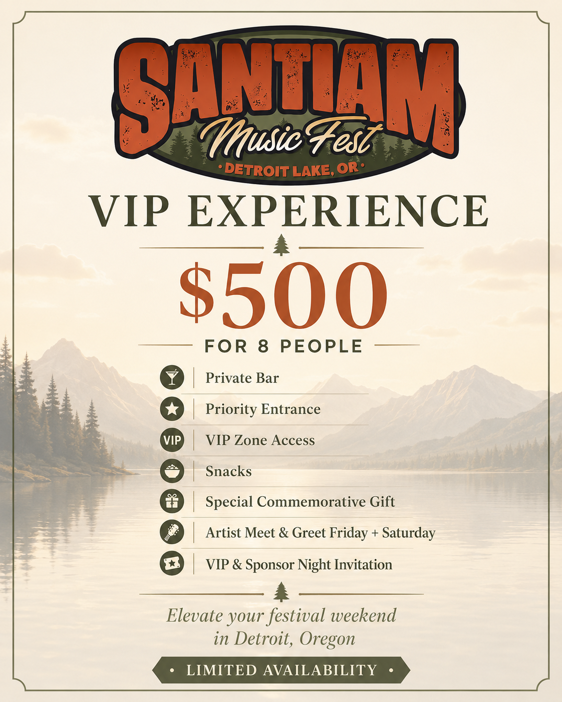 Santiam Music Fest VIP Access for 8 Guests