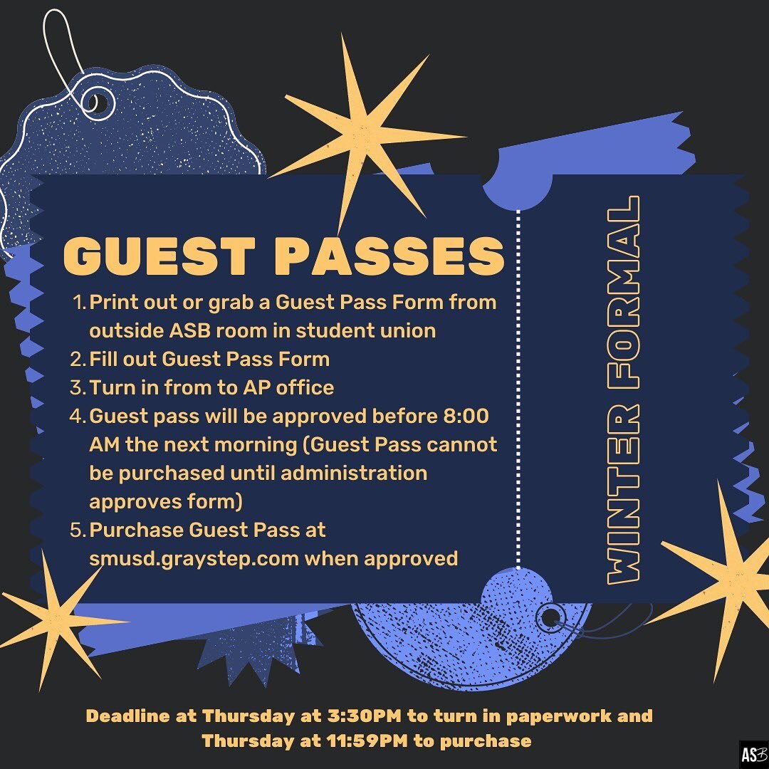 Here&rsquo;s how you buy a guest pass for our 2024 winter formal!! Swipe for more information! The 8th is the last day to purchase!!