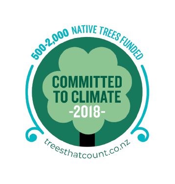 Showcase Workshop climate commitment badge – funded 500–2,000 native trees in 2018 through Trees That Count