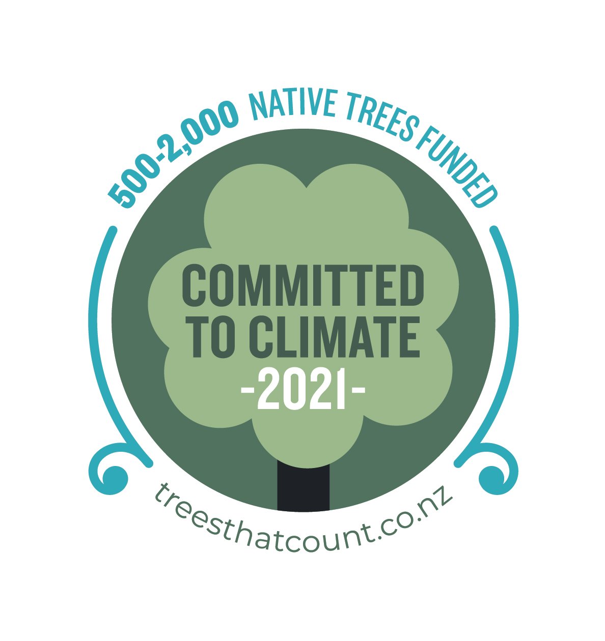Showcase Workshop climate commitment badge – funded 500–2,000 native trees in 2021 through Trees That Count