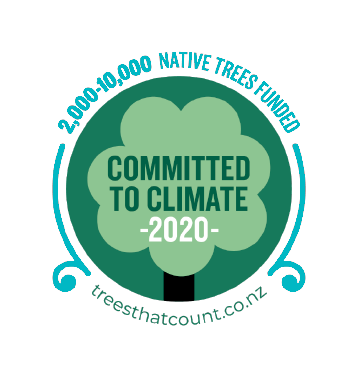 Showcase Workshop climate commitment badge – funded 500–2,000 native trees in 2020 through Trees That Count