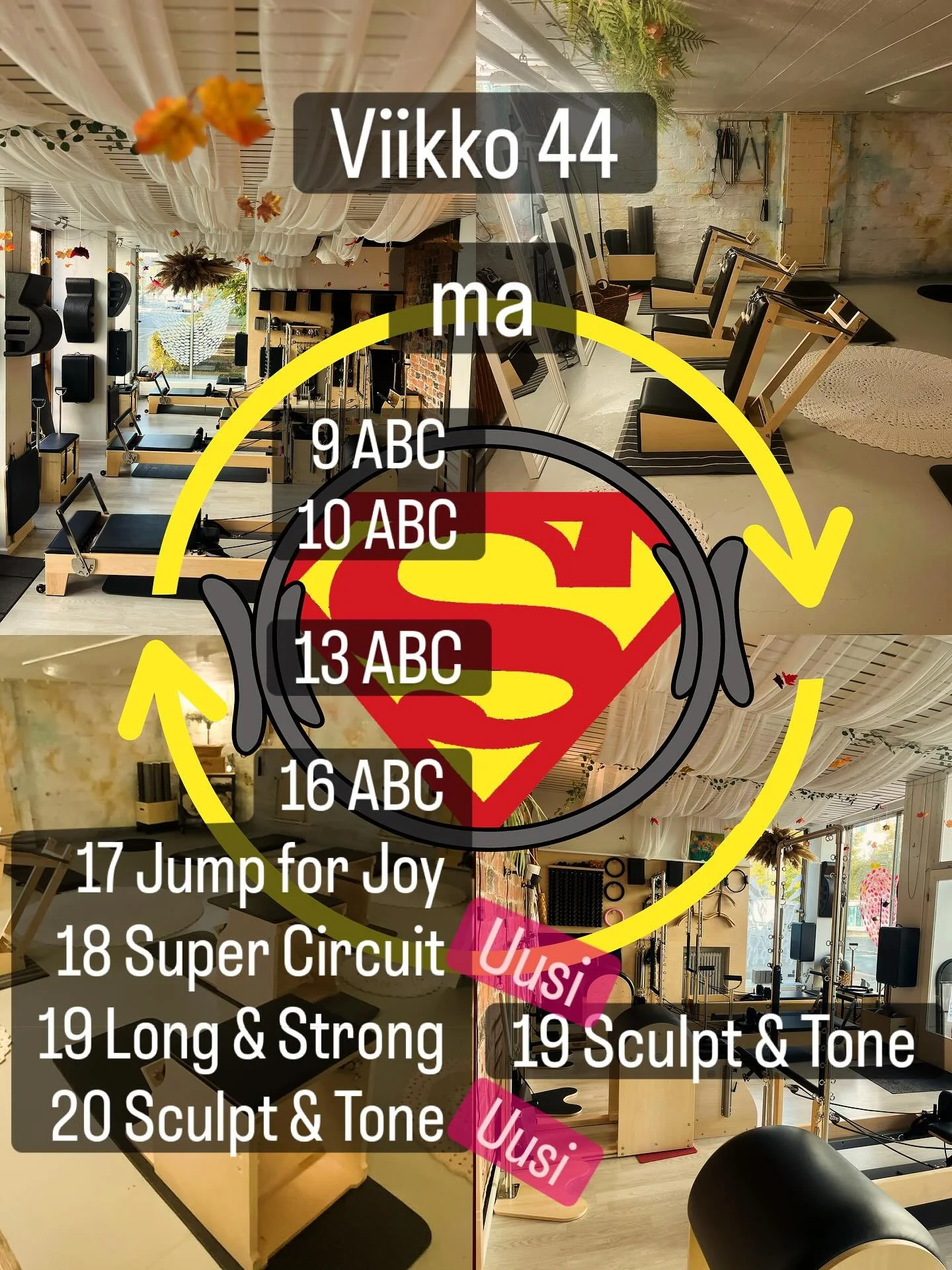 Miltä viikkosi näyttää? Viikko 44 Studiolla näyttää ihanalta! Ollaan lisätty tunteja ja laajennettu tarjontaa. Paras tunne on kun on saanut omaan kalenteriin paikka säännölliseen Pilates harjoitt