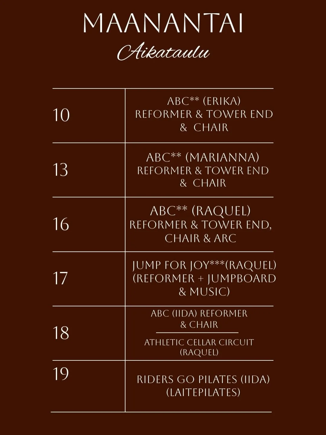 Milt&auml; viikkosi n&auml;ytt&auml;&auml;? T&auml;st&auml; saat napattu mit&auml; on ensi viikolla tarjolla studiolla. Oletko huomannut, ett&auml; ollaan lis&auml;tty aamutunteja? Aamutunnit py&ouml;rii ma-la. Tehokkat normi tunnit py&ouml;rii ja t&