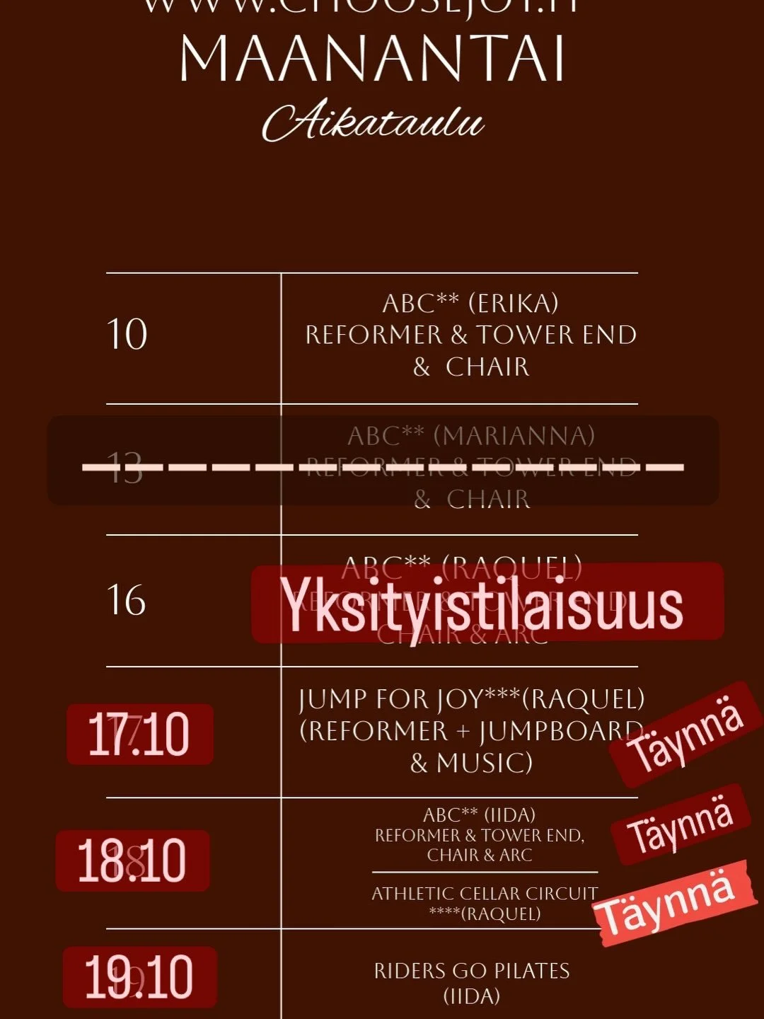 T&auml;m&auml;n viikon ohjelma. T&auml;n&auml;&auml;n (ma) on kaikki tunnit t&auml;ynn&auml; mutta huomisesta l&auml;htien on tilaa. 

Ti, ke &amp; pe on aikaisia aamutunteja tarjolla alkaen klo 7&mdash;ti n&auml;ytt&auml;&auml; olevan melkein t&auml
