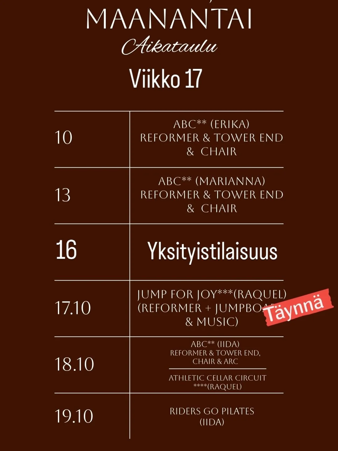 Viikko 17 n&auml;ytt&auml;&auml; oikein hyv&auml;lt&auml;! On jo monet tunnit t&auml;ynn&auml;, joten kannattaa varata paikka hyviss&auml; ajoin. Normi tunnit rullaa&mdash;mutta mit&auml; uutta tai poikkeavaa t&auml;ll&auml; viikolla? 

Uusi lis&auml