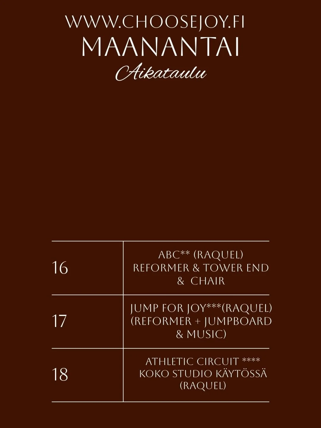 Milt&auml; ensi viikkosi n&auml;ytt&auml;&auml;? Tilaa on viel&auml; monella tunnilla&mdash;tervetuloa! Mit&auml; poikkeavaa t&auml;ll&auml; viikolla? 
✨ Riders go Pilates 2 x kurssi ti 19.5 &amp; 16 klo 19 muutama paikka vapaana! Kev&auml;&auml;n vi