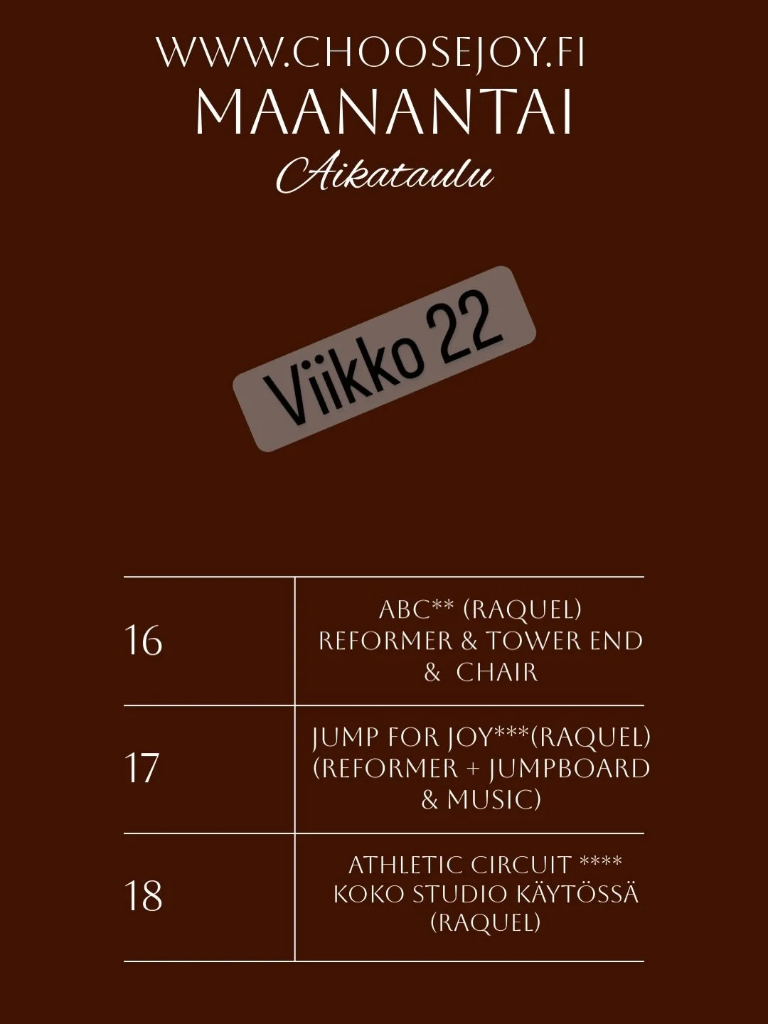 T&auml;st&auml; voit suunnitella viikkosi 22. Mit&auml; nostoja t&auml;ll&auml; viikolla ? 

✨ ma 18 Athletic Circuit tunnille p&auml;&auml;see 8 henkil&ouml;&auml; koska me kierr&auml;mme eri pisteiss&auml; ja osallistujilla on valmiuksia toimia osi