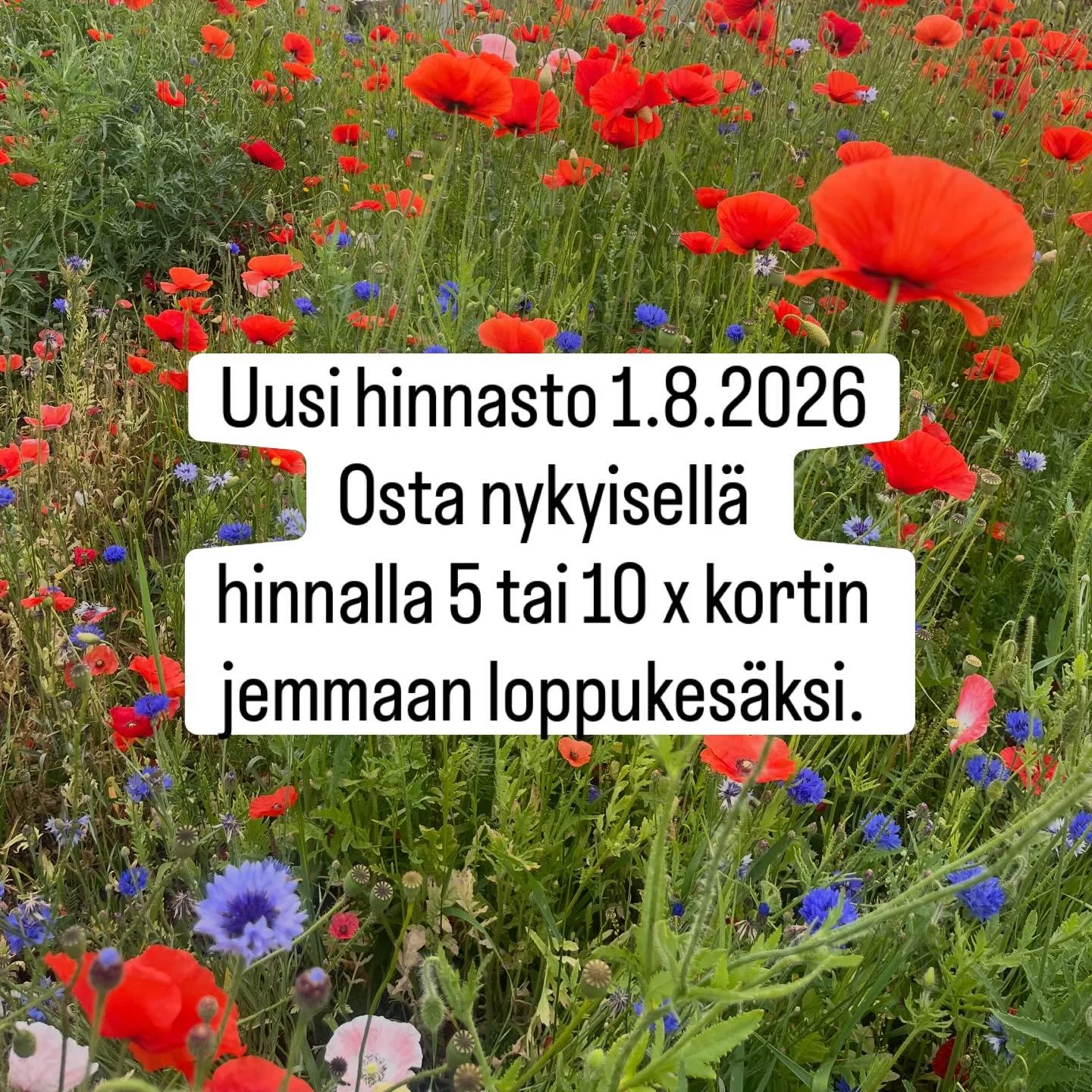 Nousevien kulujen takia joudumme tarkastelemaan hintojamme. Voit ostaa nykyisell&auml; hinnalla 5/10 x kortin 31.7. asti. Uusi hinnasto 1.8:
 
Kertamaksu  30&euro; 
 5 x kortti  129&euro;
10 x kortti  230&euro;
Anytime  199&euro;

Opiskelijat, el&aum