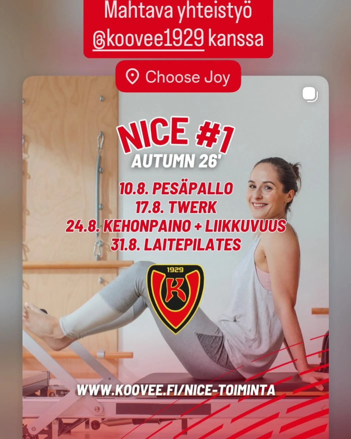 Laitepilates sopii kaikille 🙌. Aivan mahtava p&auml;&auml;st&auml; tekem&auml;&auml;n yhteisty&ouml;t&auml; @koovee1929 kanssa! Tarjoamme 31.8 laitepilates tunnin joka sopii ensikertalaisille. Heid&auml;n NICE-toiminta on todella hyv&auml; ja naiset