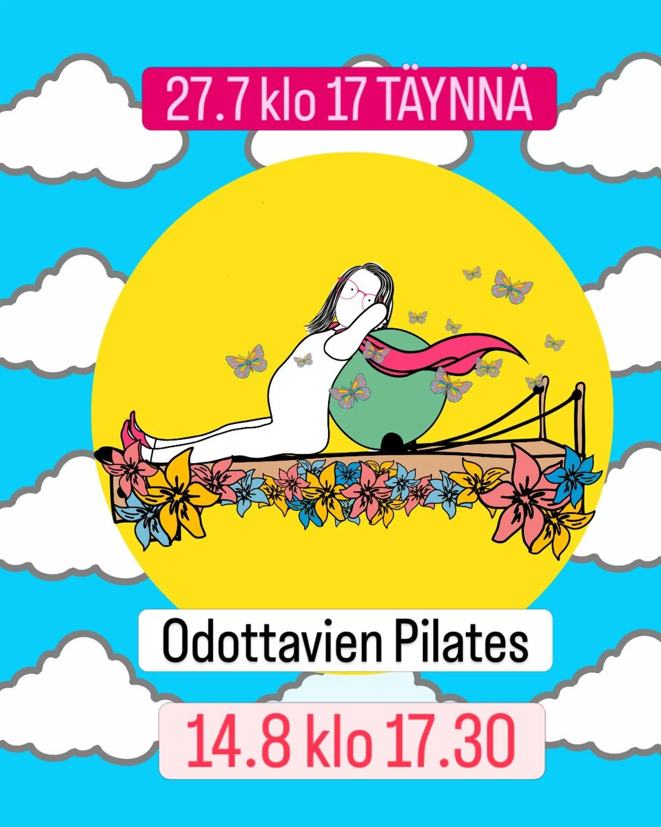 Hein&auml;kuun Odottavien Pilates ty&ouml;paja on t&auml;ynn&auml;, joten tarjoamme toinen paja elokuussa: 14.8 klo 17.30. 
Kaipaatko lempe&auml;&auml; liikett&auml;, heng&auml;hdyshetke&auml; ja yhteytt&auml; omaan kehoosi raskauden aikana?
T&auml;s