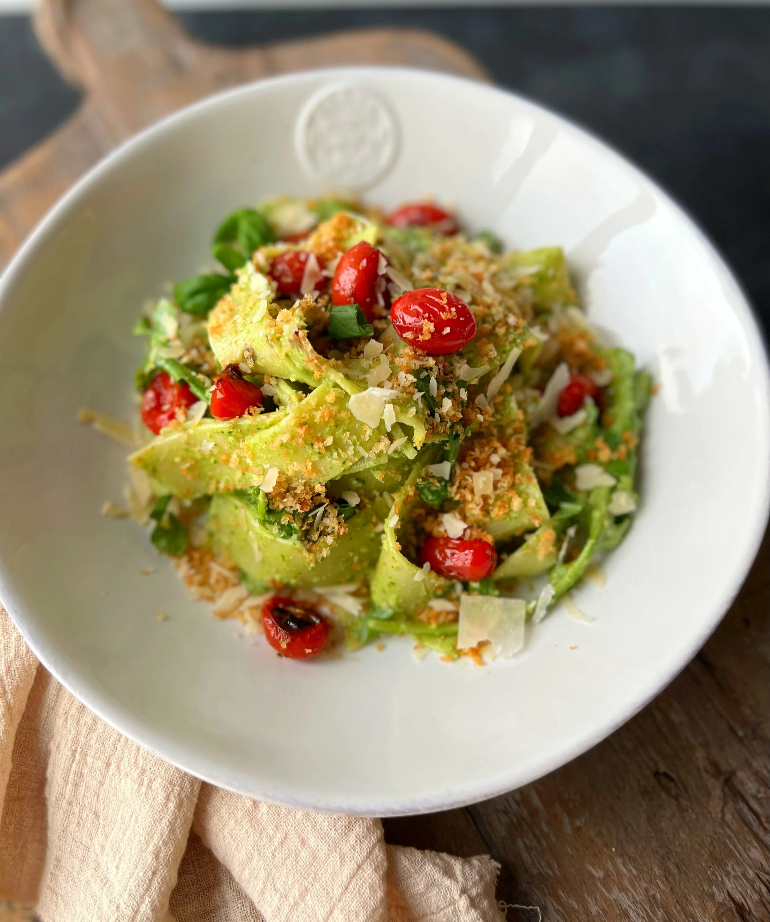 Pappardelle with Arugula Walnut Pesto and Blistered Tomatoes — A Place