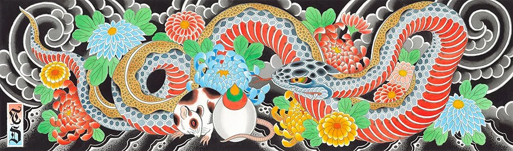 Snake and Chrysanthemum print