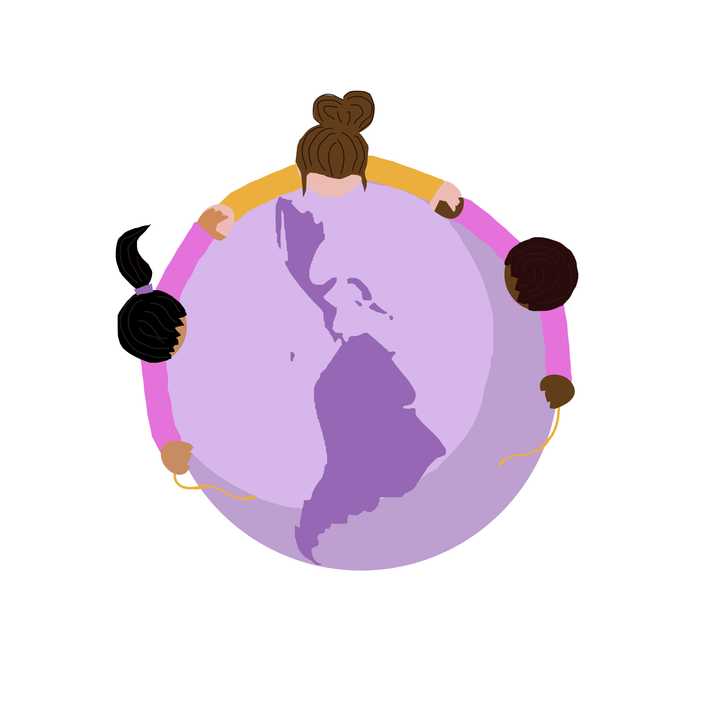 Overhead illustration of four diverse people around a globe with a map of the Americas, on a pink and yellow background.