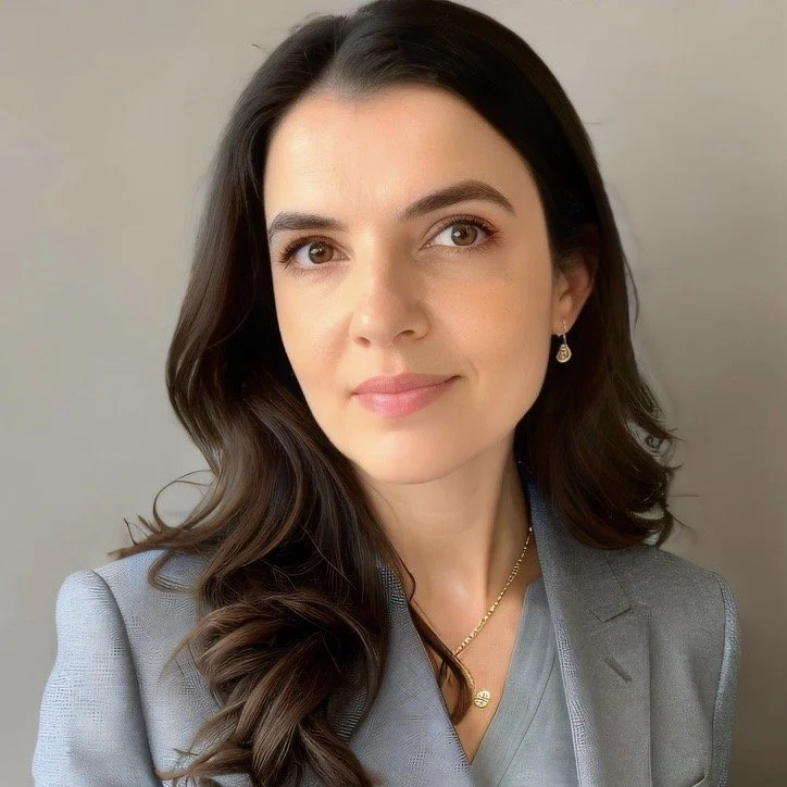 A woman with long, wavy dark hair and light skin, wearing a gray blazer and jewelry, looking at the camera with a slight smile.