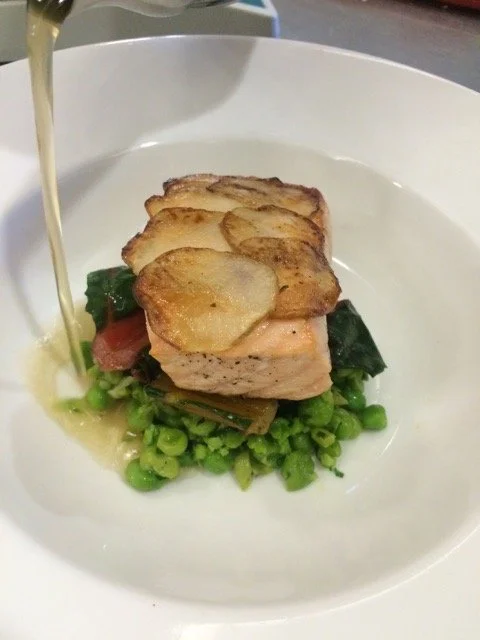 Potato Crusted Trout / Mint Pea Mash / Prosciutto Broth