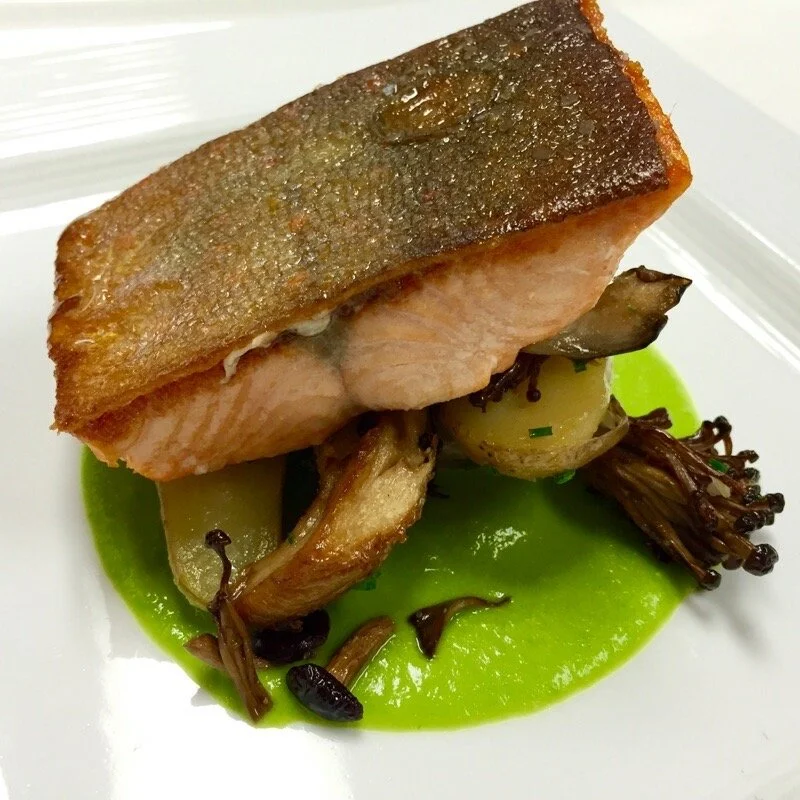 Crispy Skin Steelhead Trout / Wild Mushrooms / Pea Puree