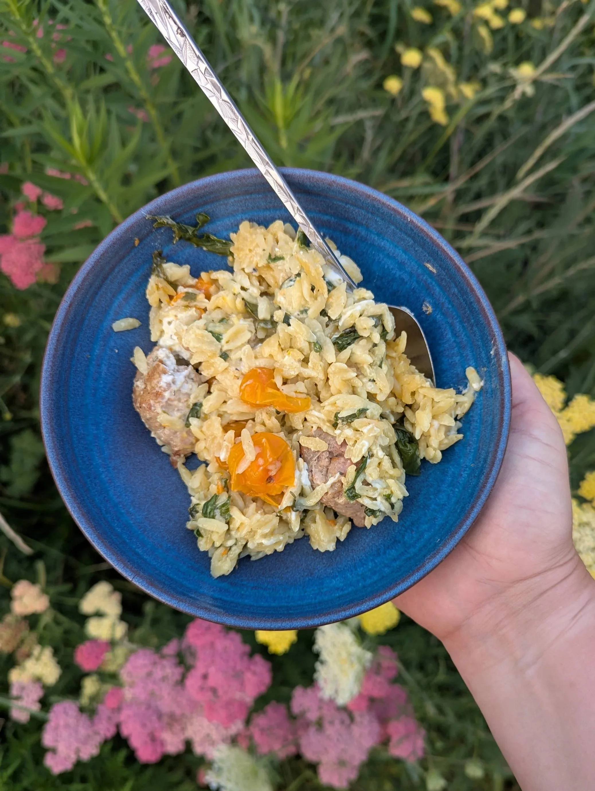 Baked orzo with chevre