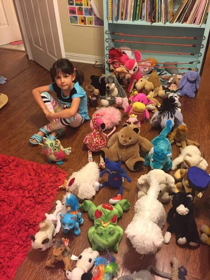 A young girl sitting on a wooden floor surrounded by various stuffed animals arranged in rows. Behind her is a bookshelf filled with books. The room has a red rug and visible doors and walls.