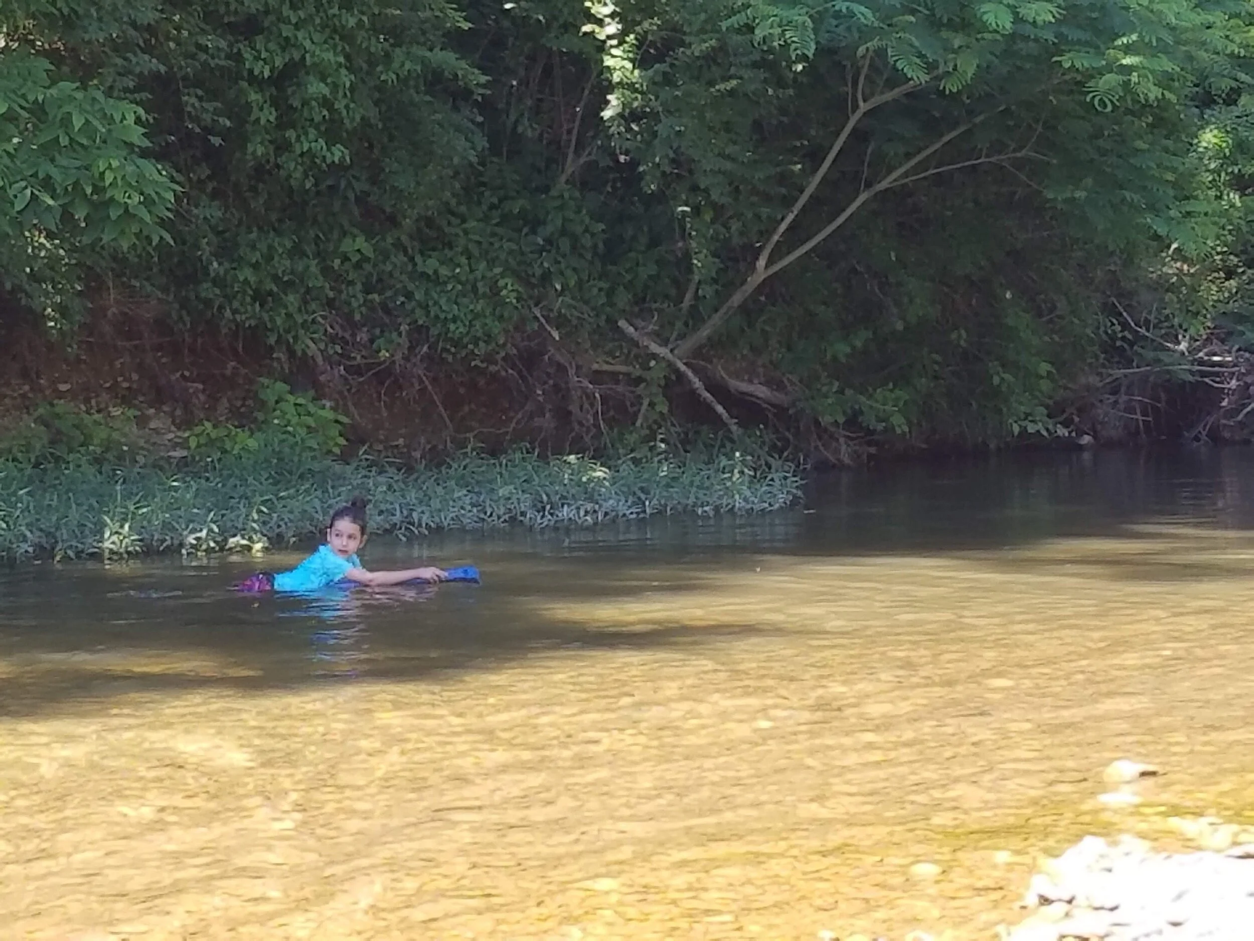 Child floating in a shallow river surrounded by greenery.