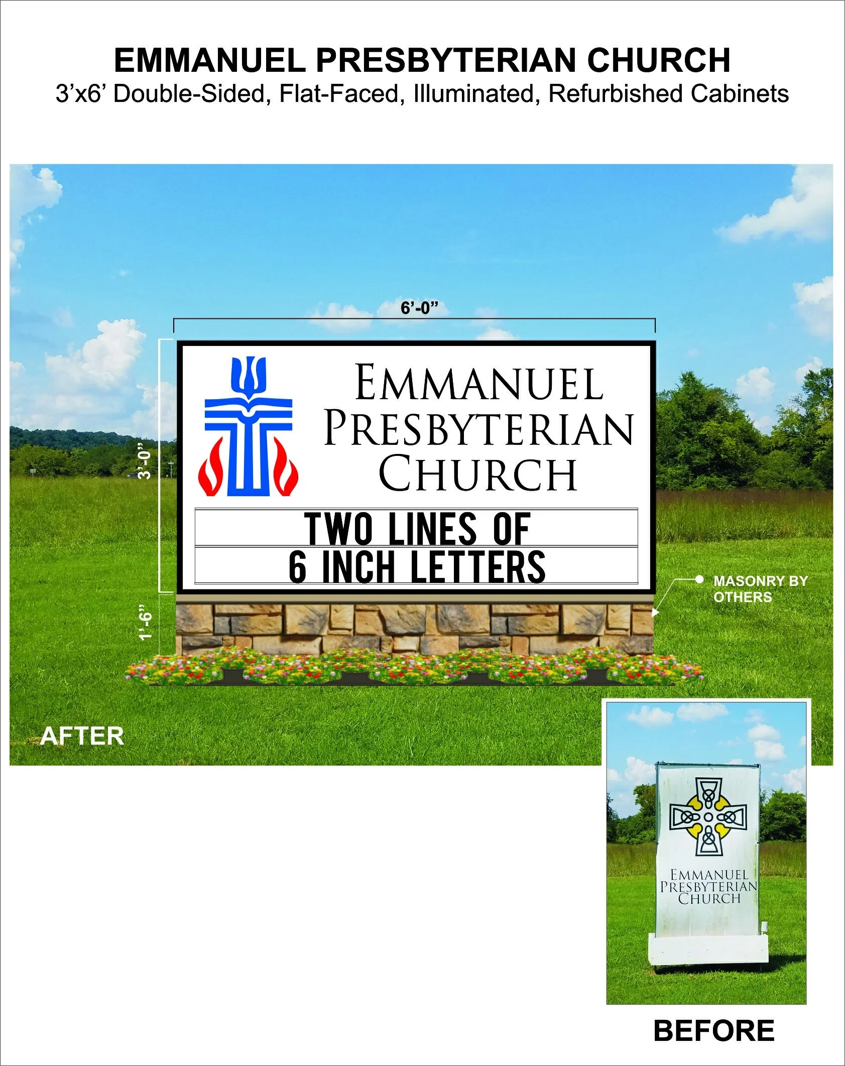 Comparison of Emmanuel Presbyterian Church signs, showing a new double-sided, illuminated design with dimensions and stone base, versus the older version.