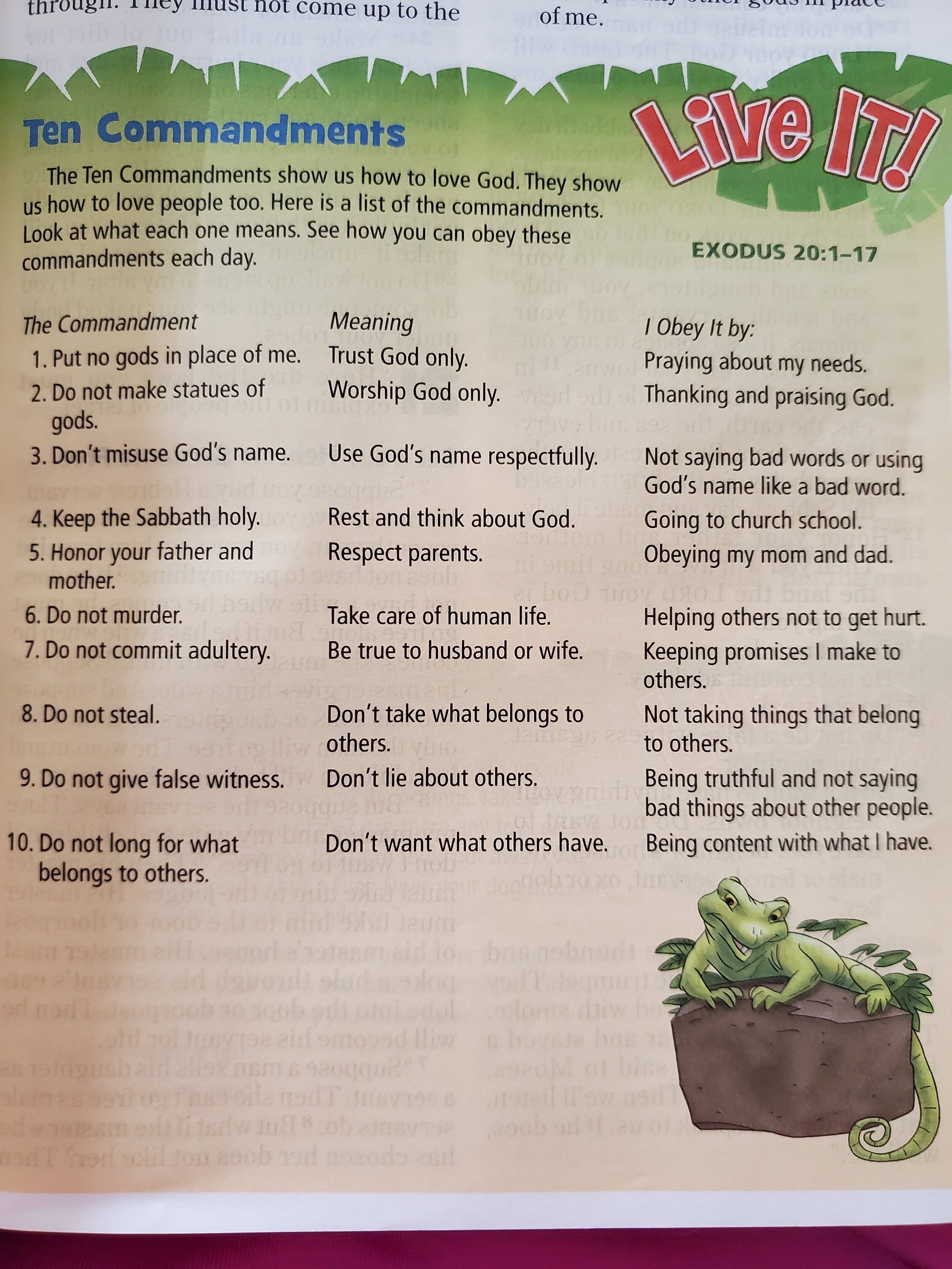 Religious educational text about the Ten Commandments, explaining their meanings and how to obey them, with a decorative lizard illustration.