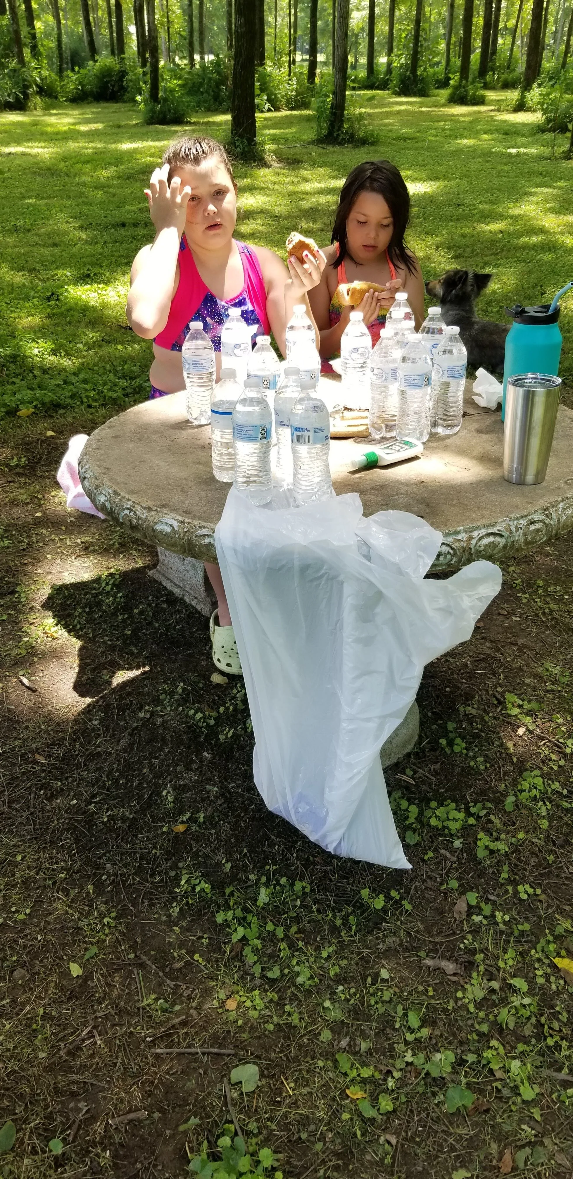 Two people sitting at a picnic table outdoors with bottled water and snacks on the table, surrounded by a wooded area. A plastic bag is hanging from the edge of the table.