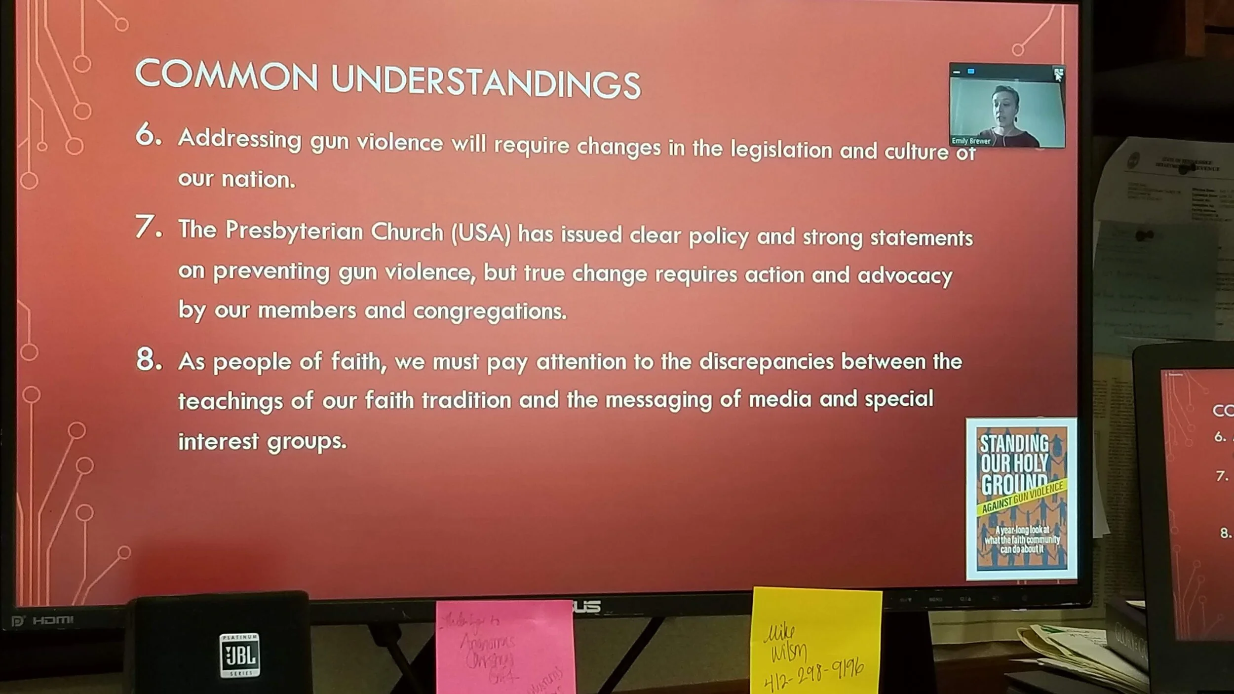 A computer screen displaying a slide titled 'Common Understandings'. The slide contains points on addressing gun violence, the role of the Presbyterian Church (USA), and the influence of faith and media messaging. A small video call screen shows some