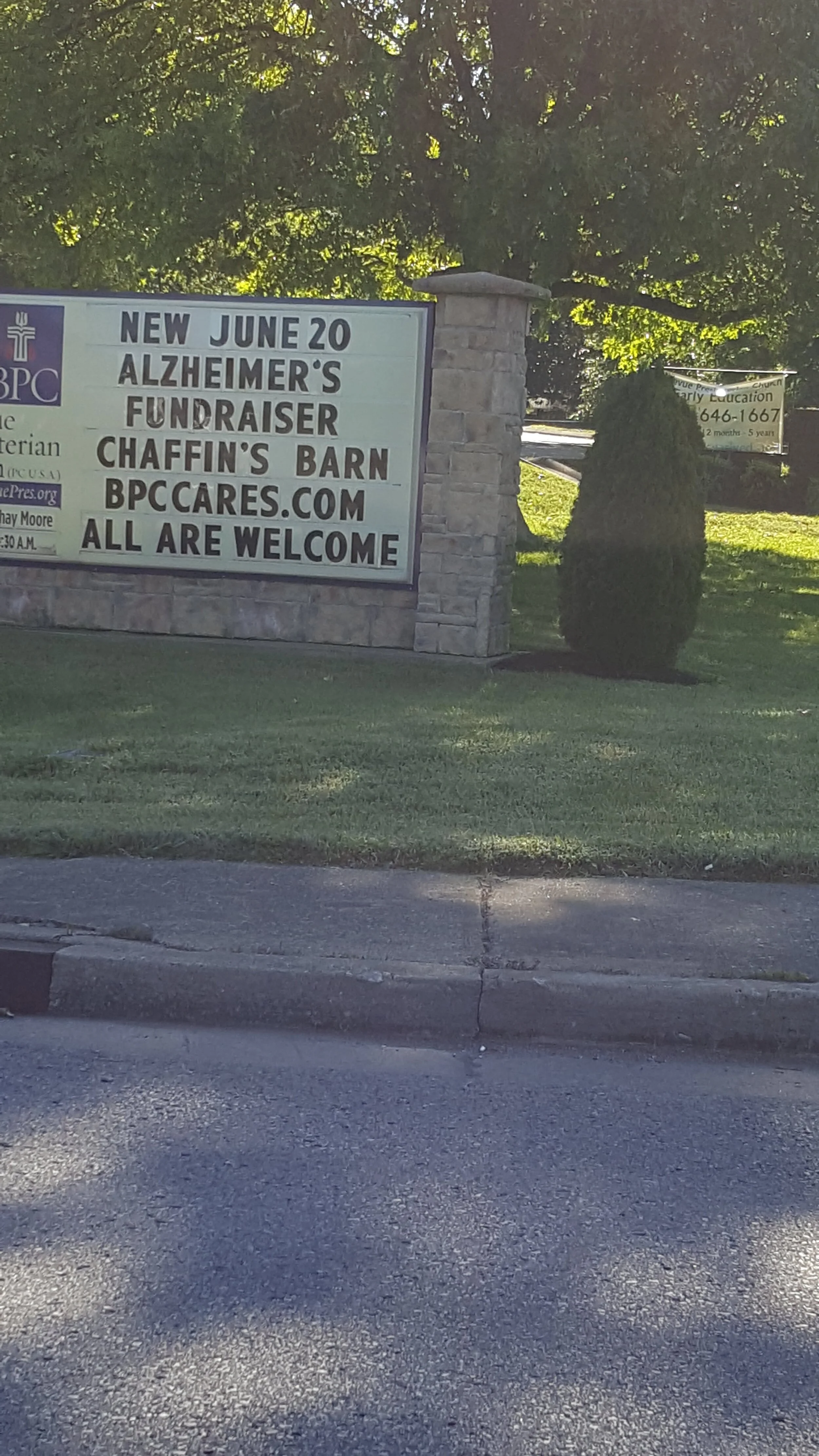 Sign advertising an Alzheimer's fundraiser on June 20 at Chaffin's Barn, with website BPCCares.com, and stating "All are welcome."