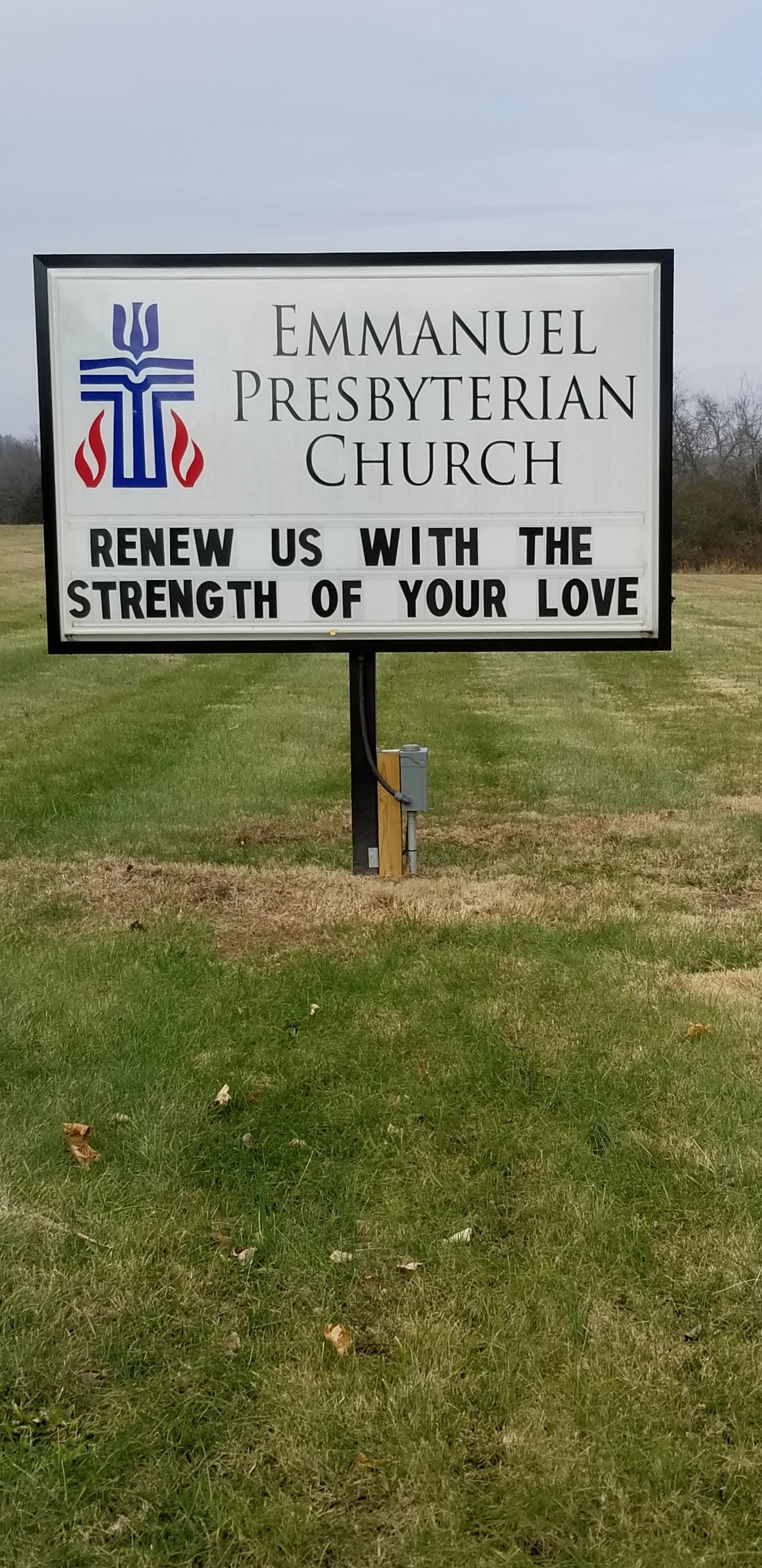 Church sign with message 'Renew us with the strength of your love'