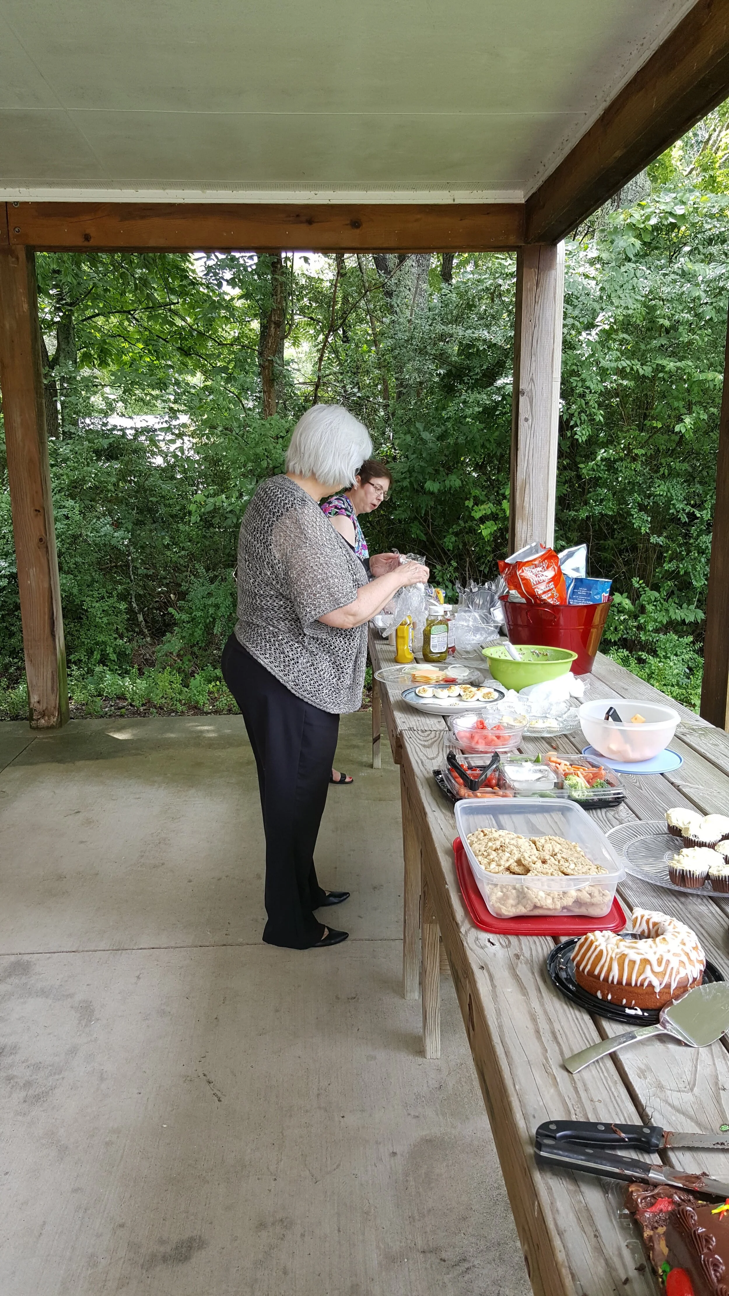 Two people preparing food on a wooden table outdoors, surrounded by greenery. The table has an assortment of dishes including deviled eggs, a bundt cake, cookies, chips, and condiments. The setting is under a wooden shelter.