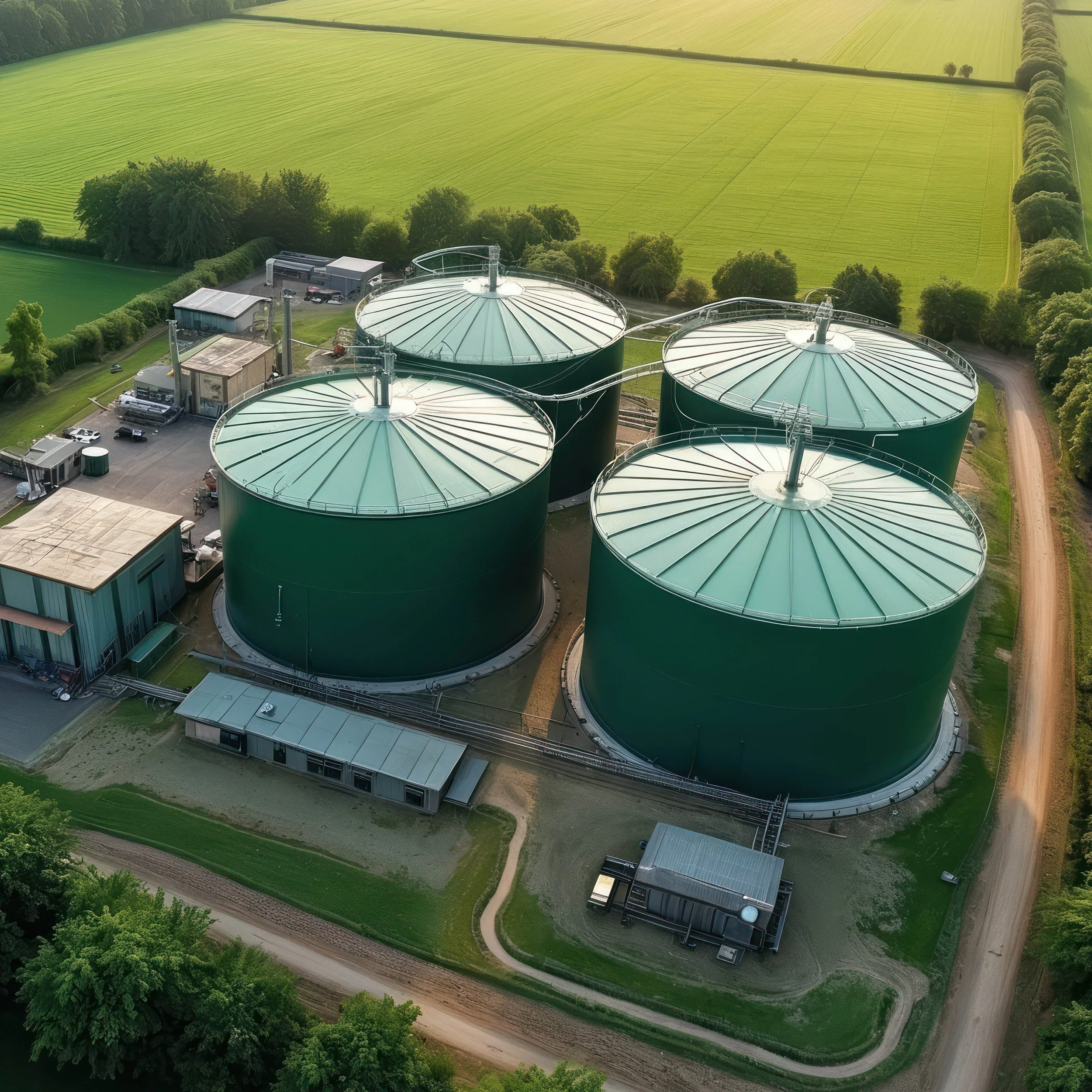Aerial view of large green storage tanks, farm buildings, and a winding gravel road surrounded by lush greenery and fields.