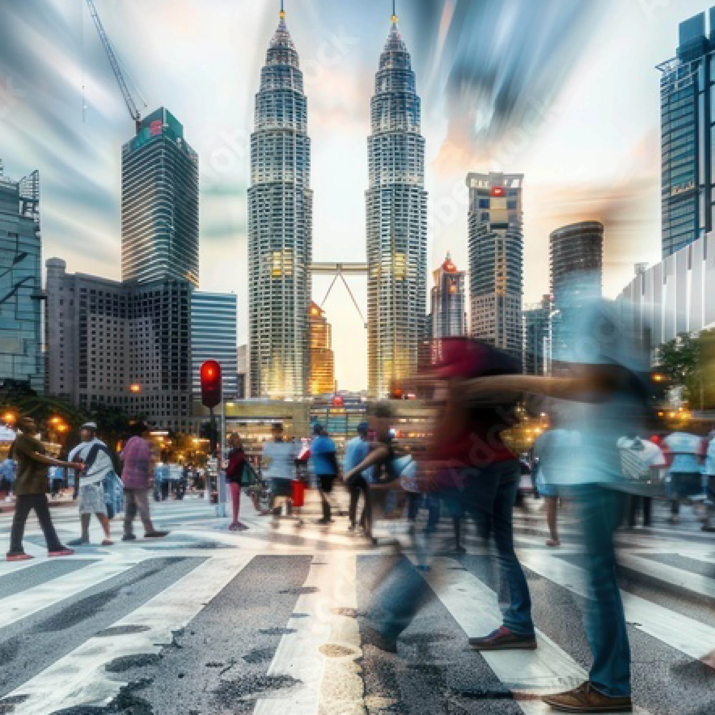 Street crossing with zebra stripes, blurred pedestrians, and moving vehicles, in an urban cityscape during sunset.