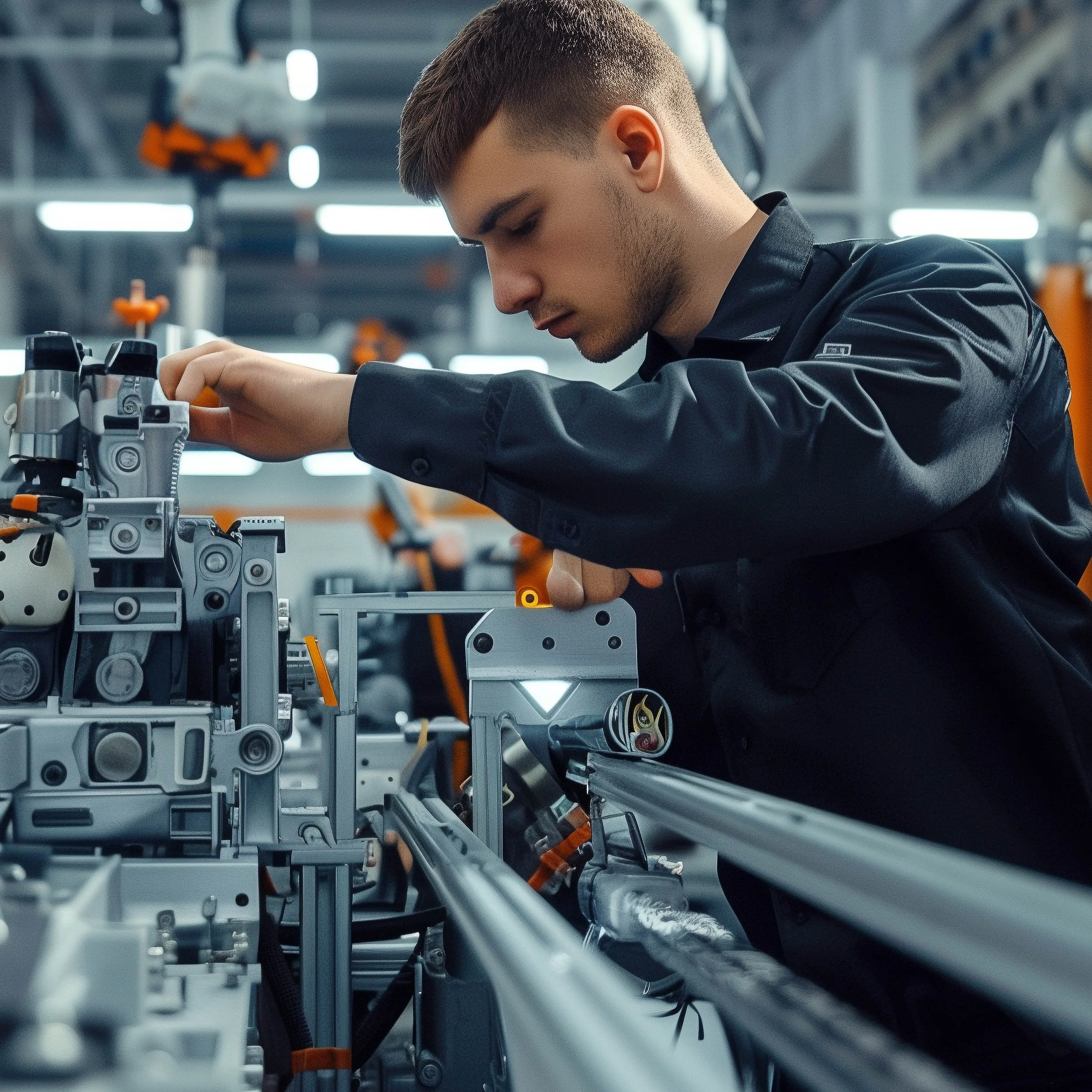 A man working with machinery in a factory or workshop, wearing a black shirt, with metal and orange tools around him.