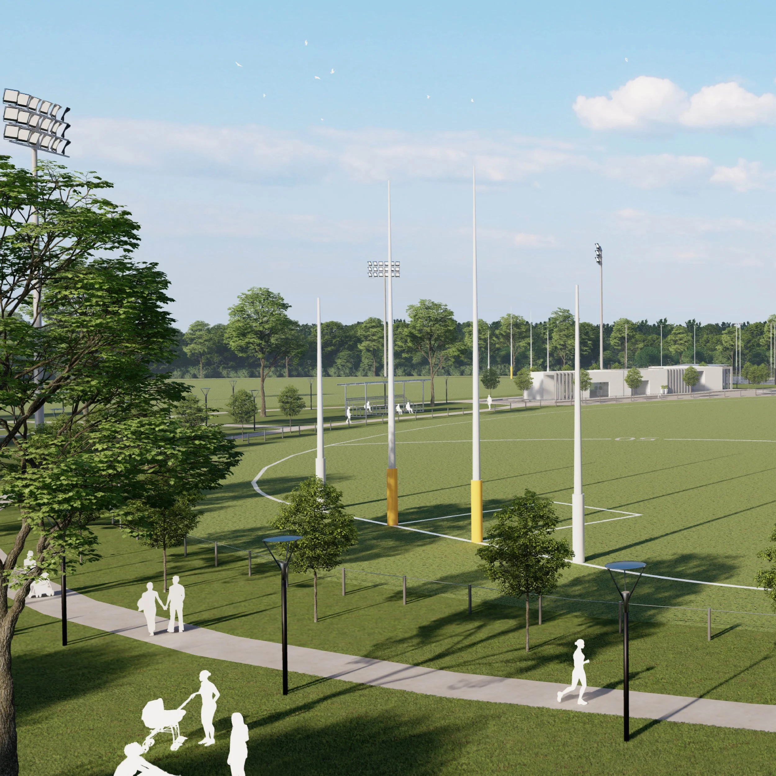 A new sports field with multiple light poles, trees, and pathways, with white silhouettes of people walking, sitting, and playing on the grass.